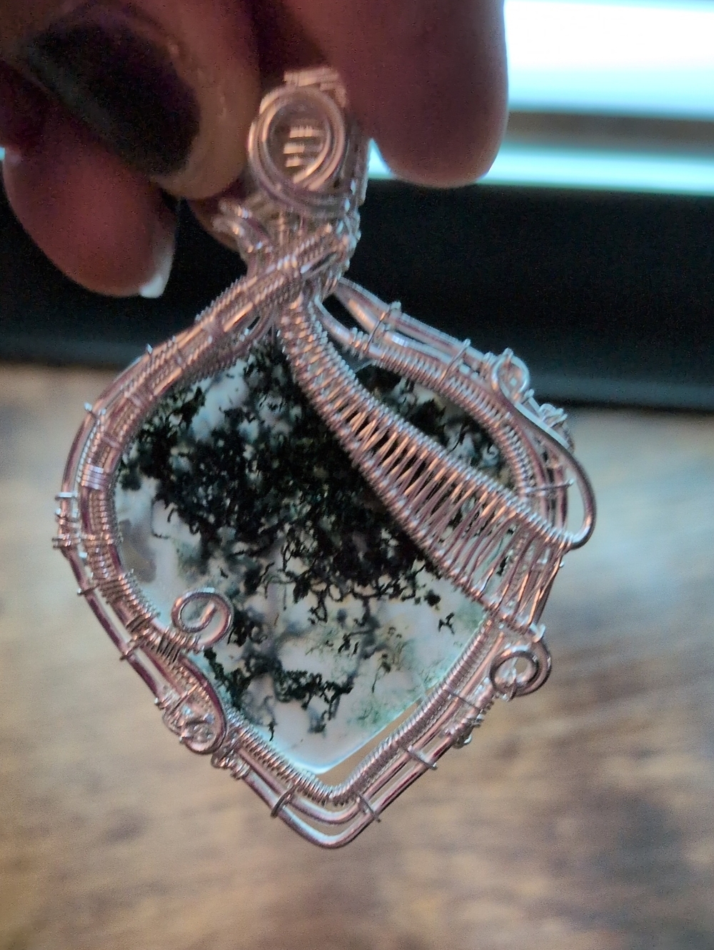 Handcrafted Moss Agate Wire-Wrap Pendant Necklace - Silver